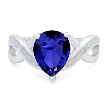 Infinity Twisted Shank Pear Ring Lab Created White Opal Simulated Blue Sapphire CZ 925 Sterling Silver